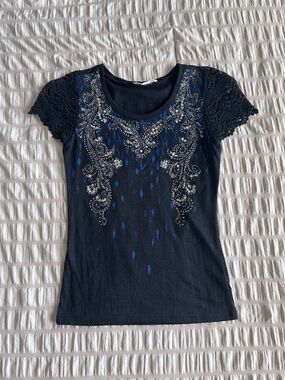 Miss Me Girls Embellished Rhinestone Black Top (L)